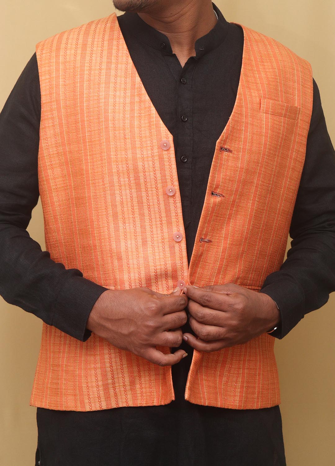 Orange Cotton Silk Nehru Jacket - Luxurion World