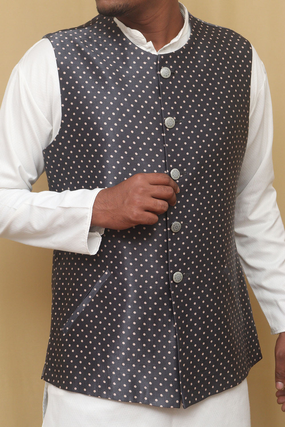 Grey Mashru Silk Nehru Jacket - Luxurion World