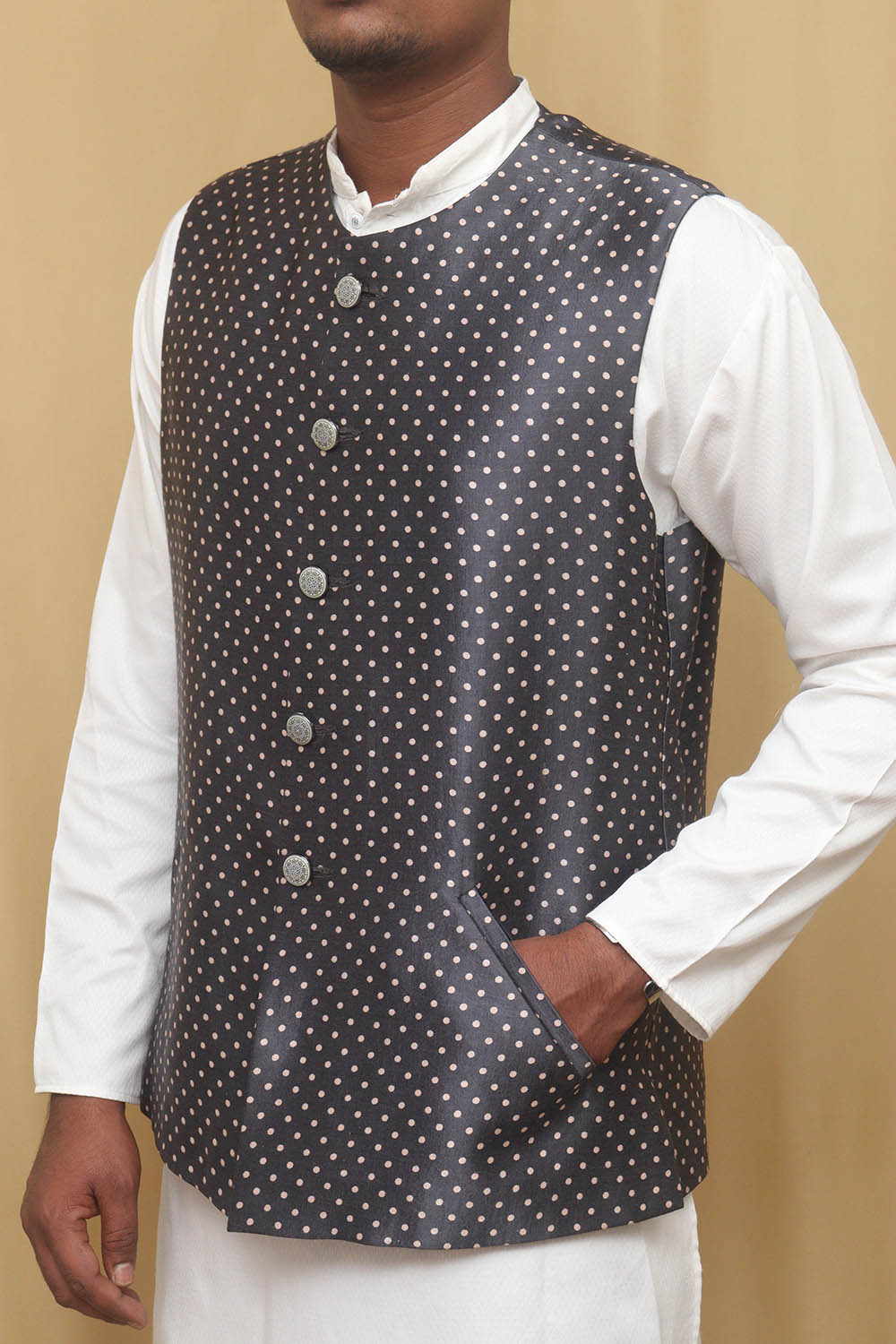 Grey Mashru Silk Nehru Jacket - Luxurion World