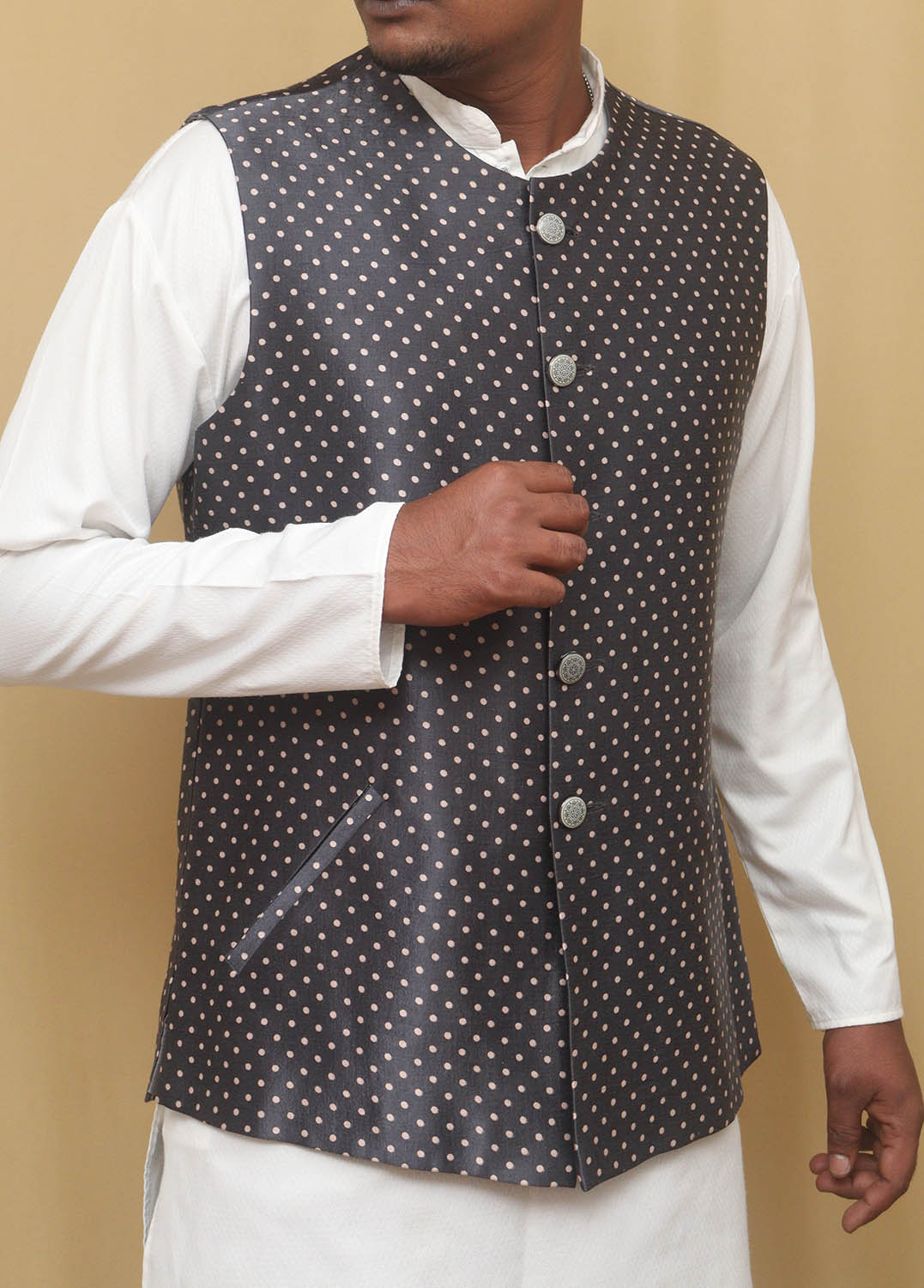 Grey Mashru Silk Nehru Jacket - Luxurion World