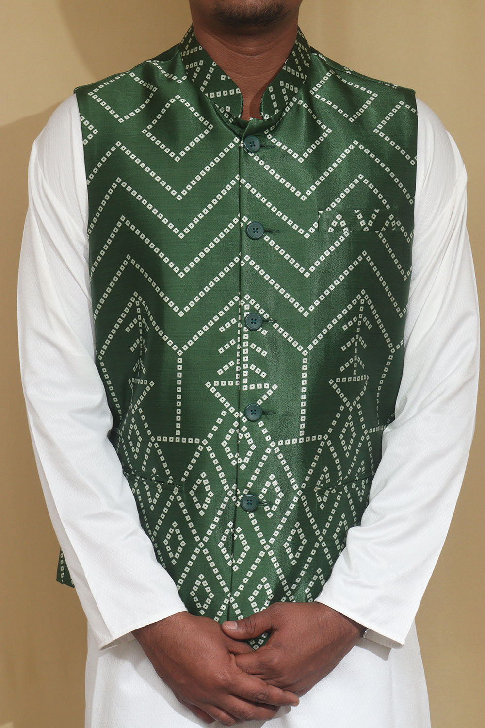 Green Mashru Silk Nehru Jacket - Luxurion World