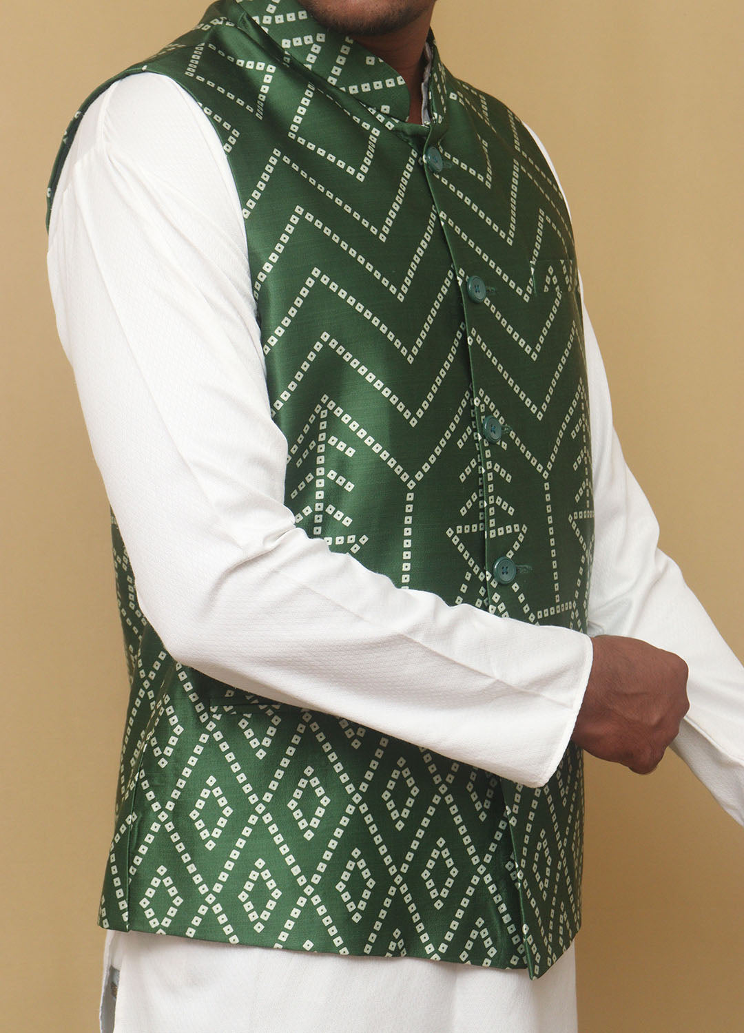 Green Mashru Silk Nehru Jacket - Luxurion World