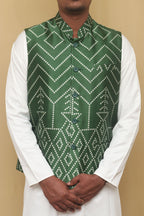 Green Mashru Silk Nehru Jacket - Luxurion World