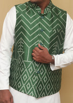 Green Mashru Silk Nehru Jacket - Luxurion World