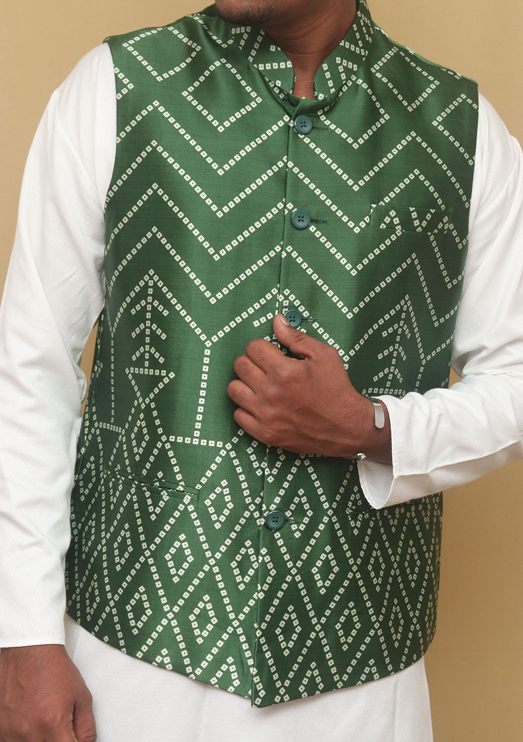 Green Mashru Silk Nehru Jacket - Luxurion World