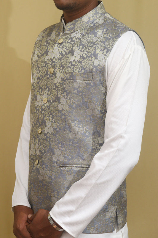 Exquisite Grey Banarasi Brocade Silk Nehru Jacket: Timeless Elegance - Luxurion World