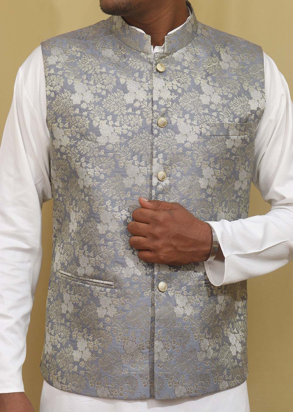 Exquisite Grey Banarasi Brocade Silk Nehru Jacket: Timeless Elegance - Luxurion World