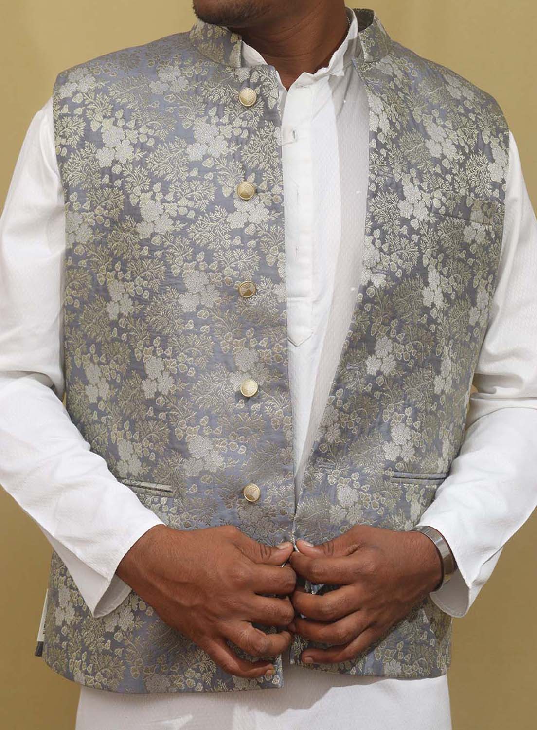 Exquisite Grey Banarasi Brocade Silk Nehru Jacket: Timeless Elegance - Luxurion World