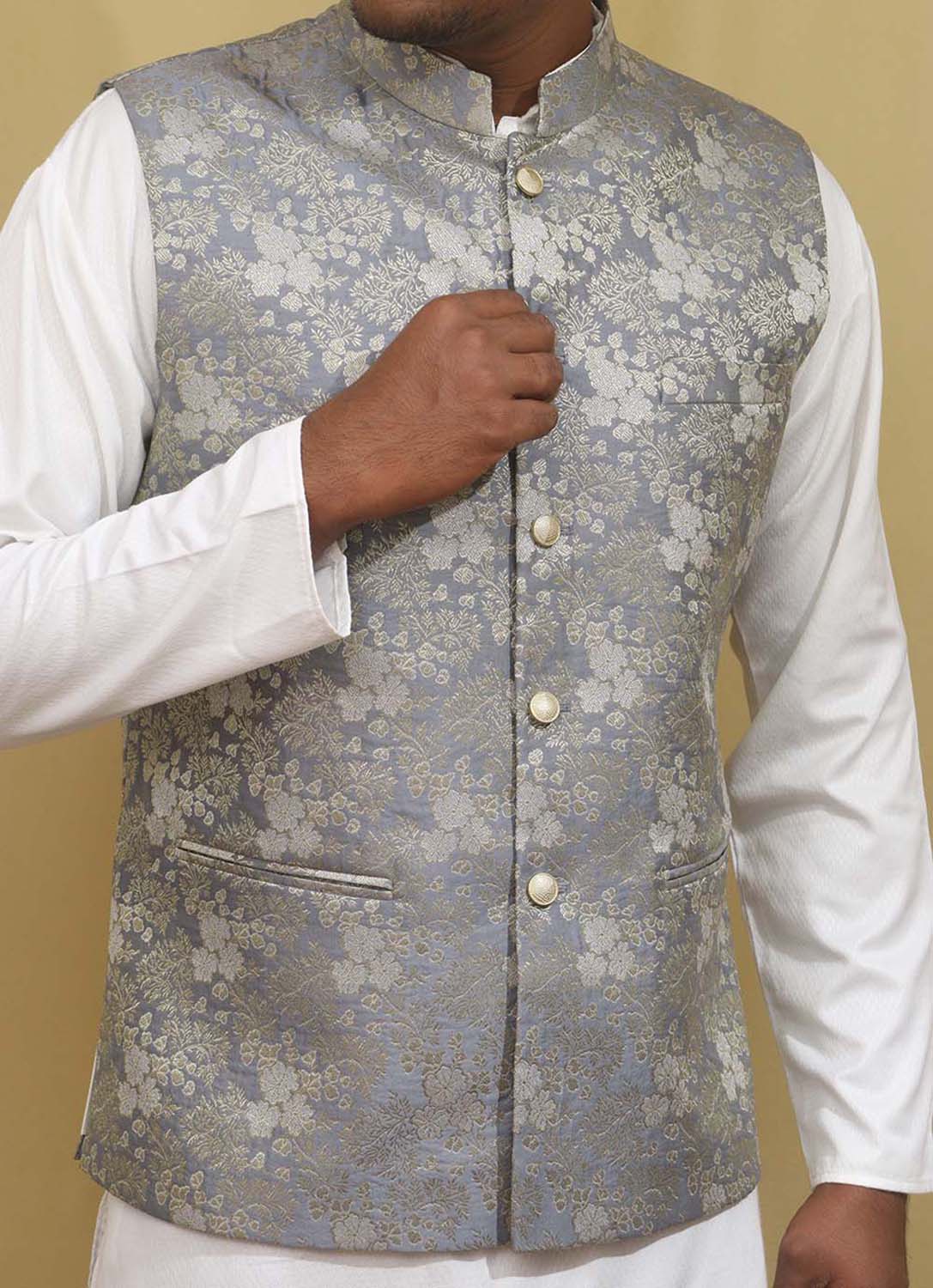Exquisite Grey Banarasi Brocade Silk Nehru Jacket: Timeless Elegance - Luxurion World