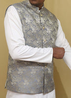 Exquisite Grey Banarasi Brocade Silk Nehru Jacket: Timeless Elegance - Luxurion World