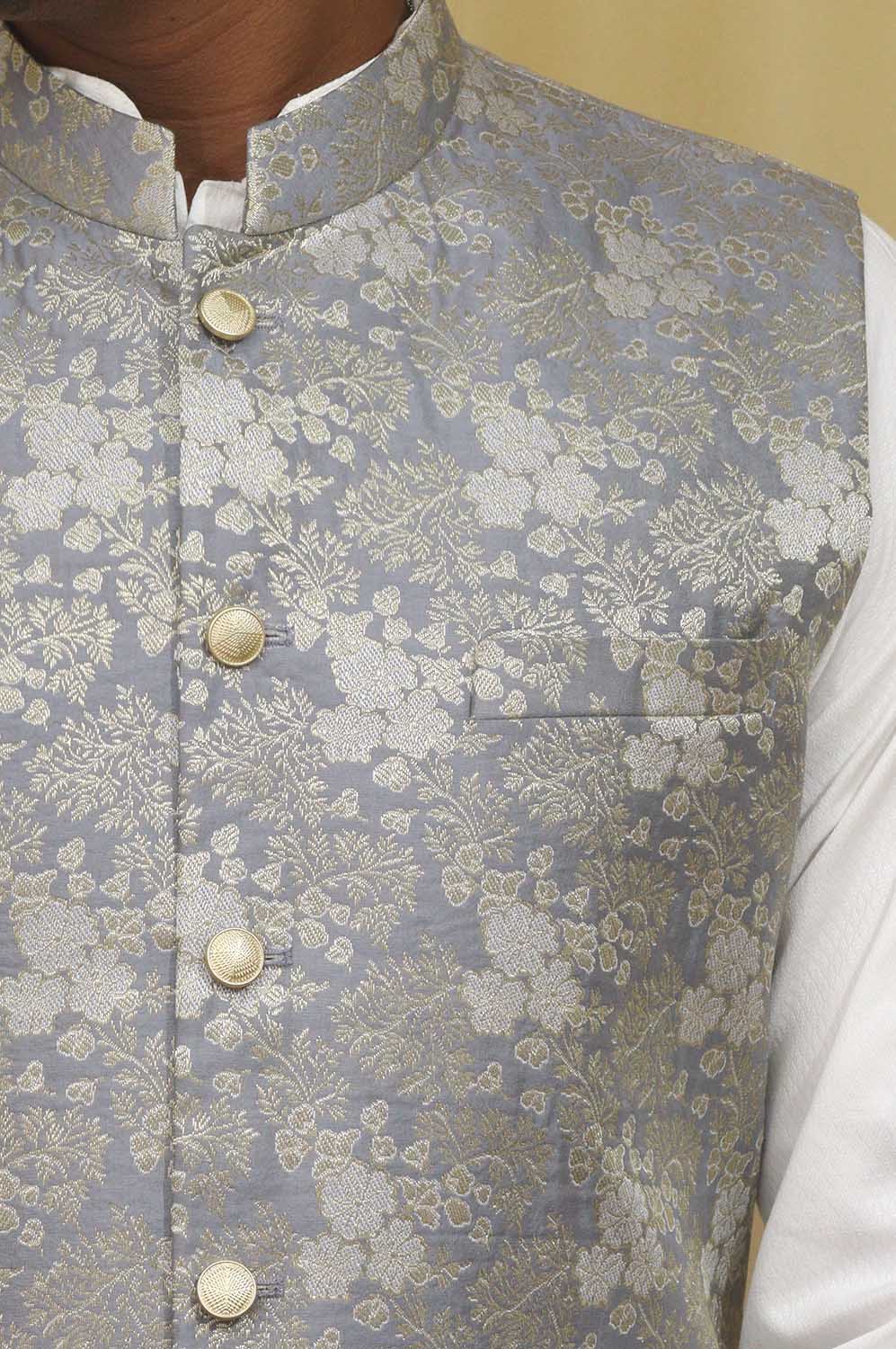 Exquisite Grey Banarasi Brocade Silk Nehru Jacket: Timeless Elegance - Luxurion World