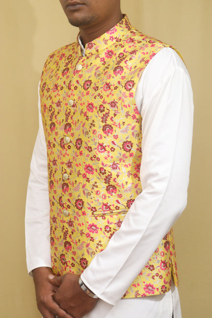Exquisite Yellow Banarasi Silk Meenakari Floral Jacket: A Captivating Masterpiece - Luxurion World