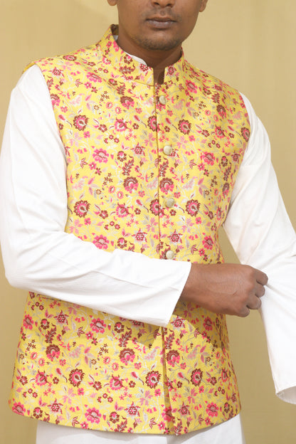Exquisite Yellow Banarasi Silk Meenakari Floral Jacket: A Captivating Masterpiece - Luxurion World