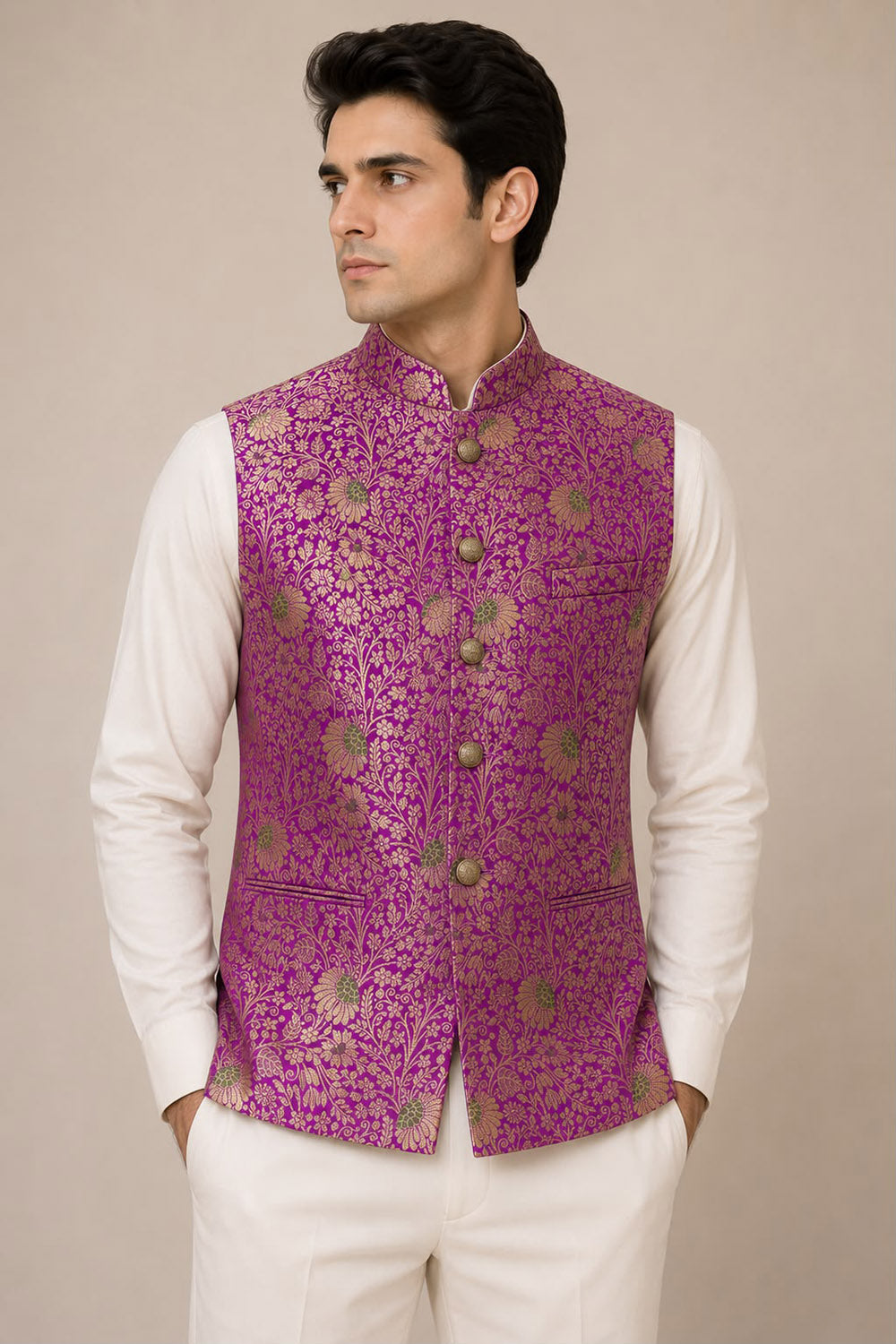 Purple Handloom Banarasi Silk Flower Design Meenakari Nehru Jacket