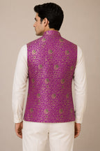 Purple Handloom Banarasi Silk Flower Design Meenakari Nehru Jacket