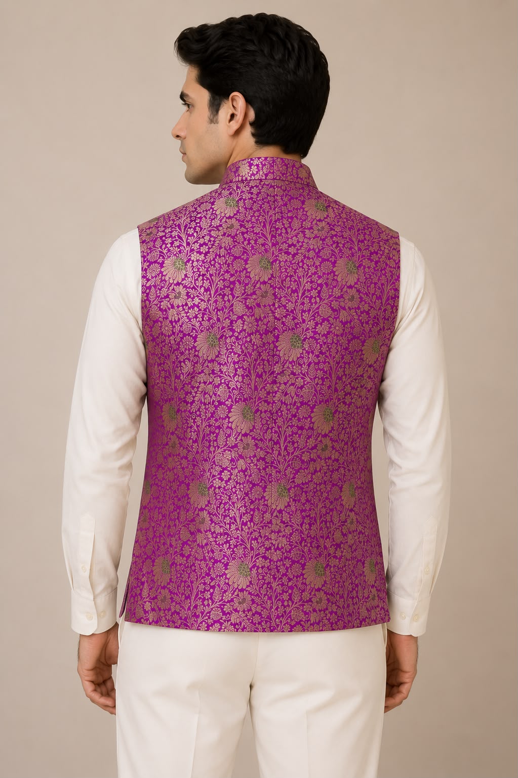 Purple Handloom Banarasi Silk Flower Design Meenakari Nehru Jacket