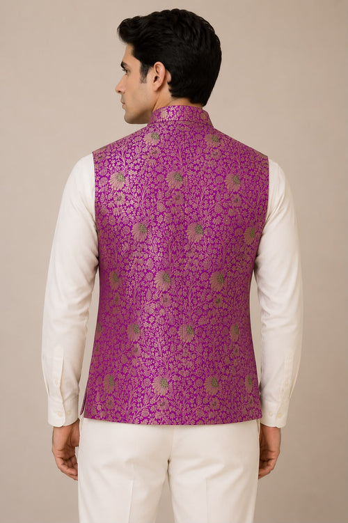 Purple Handloom Banarasi Silk Flower Design Meenakari Nehru Jacket