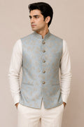 Blue Banarasi Silk Brocade Nehru Jacket