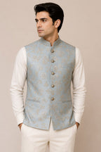 Blue Banarasi Silk Brocade Nehru Jacket