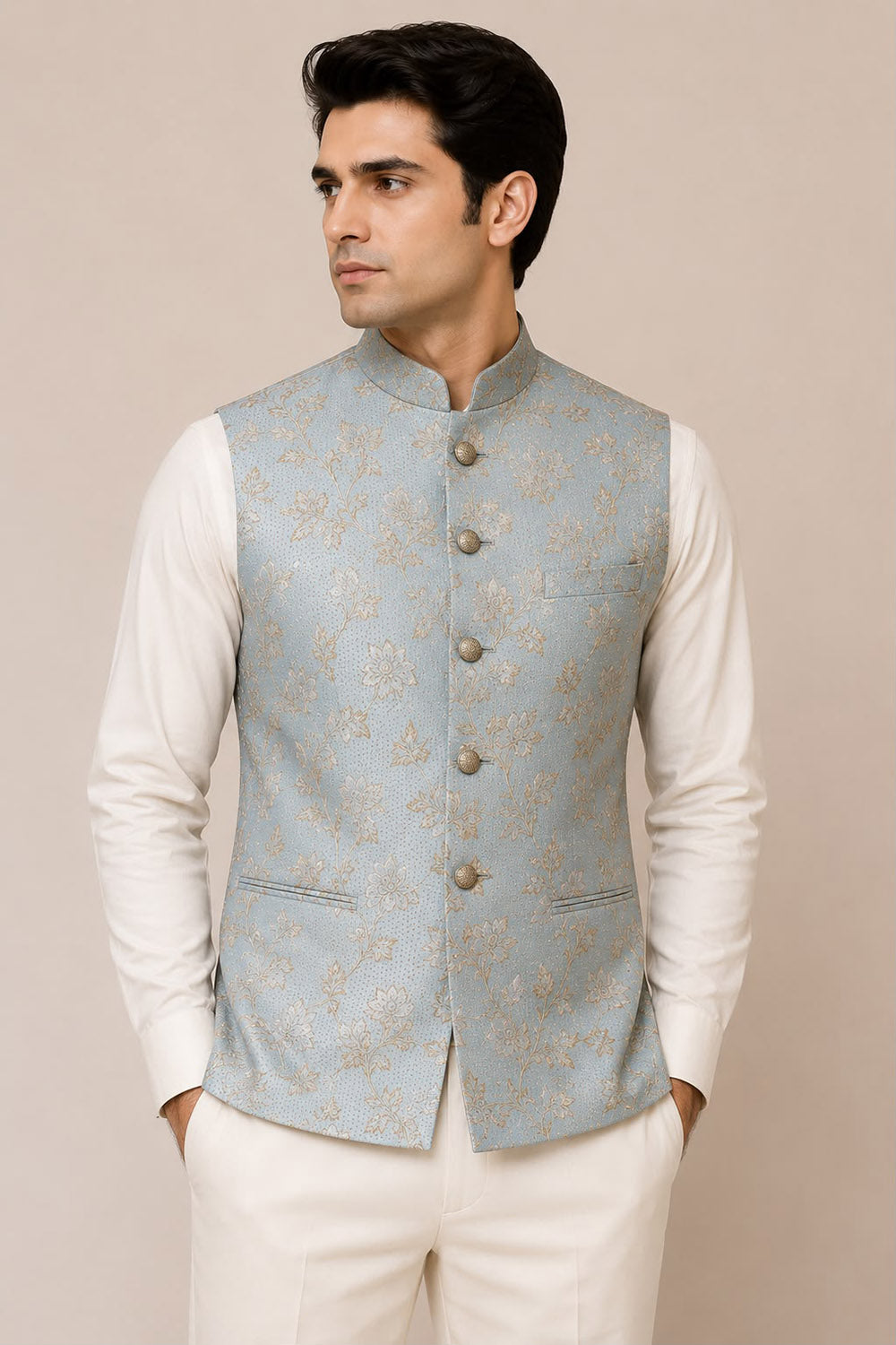 Blue Banarasi Silk Brocade Nehru Jacket
