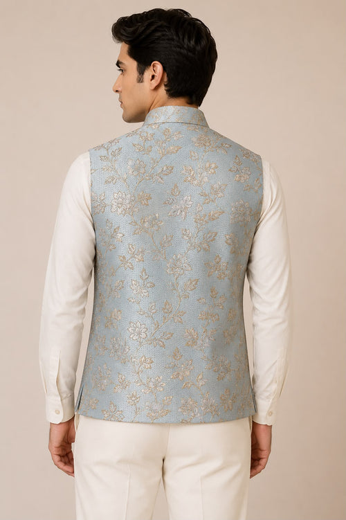 Blue Banarasi Silk Brocade Nehru Jacket