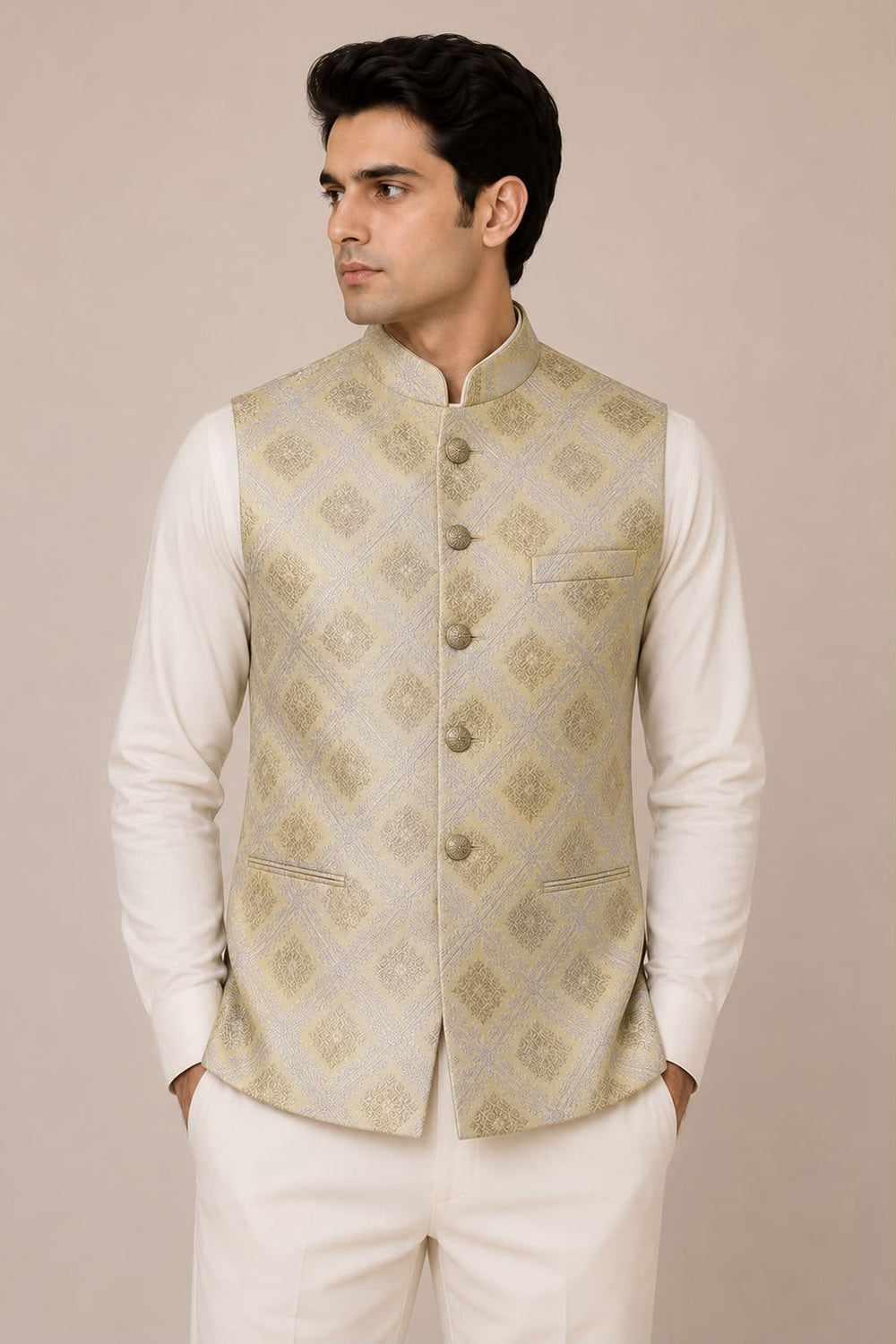 Yellow Banarasi Brocade Silk Nehru Jacket