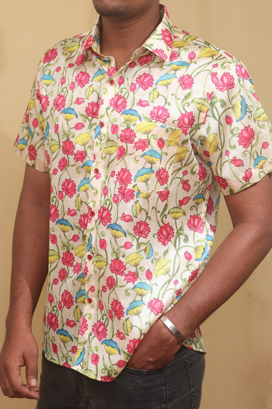 Pastel Floral Kalamkari Tussar Silk Shirt: Digital Print
