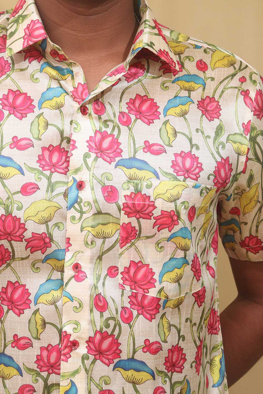 Pastel Floral Kalamkari Tussar Silk Shirt: Elegant Design - Luxurion World