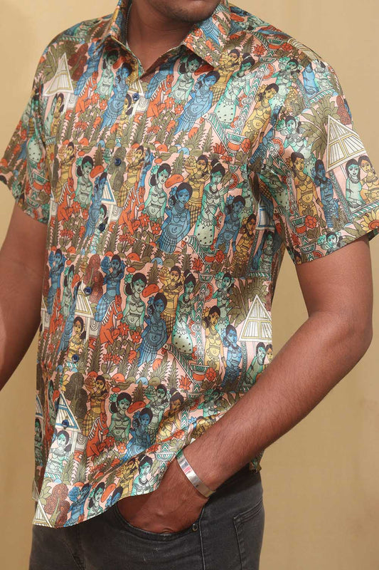Vibrant Kalamkari Tussar Silk Shirt: Multicolor Digital Print