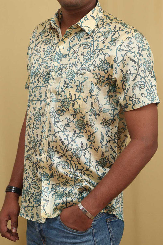 Pastel Kalamkari Tussar Silk Shirt: Exquisite Digital Prints - Luxurion World