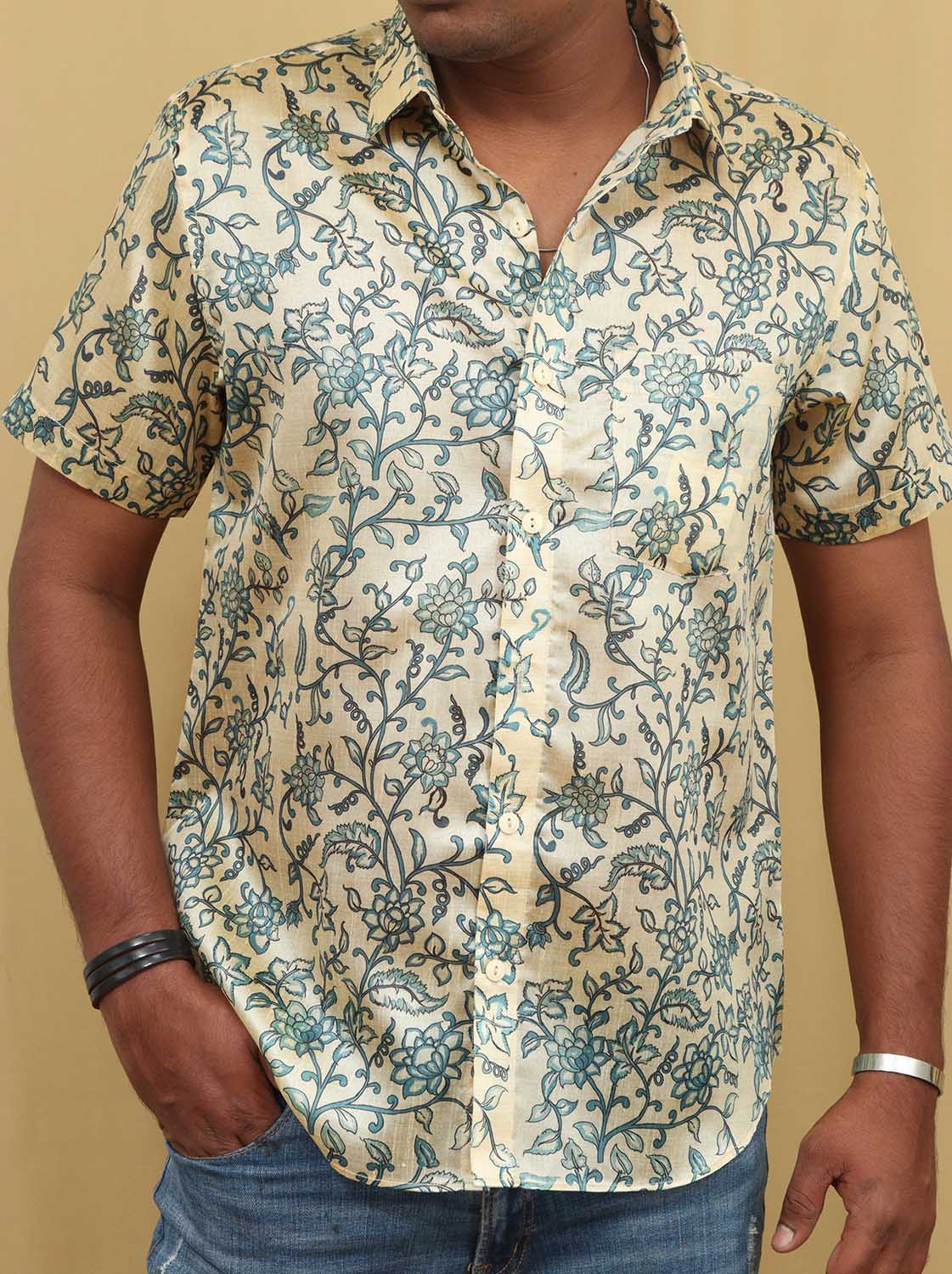 Pastel Kalamkari Tussar Silk Shirt: Exquisite Digital Prints - Luxurion World