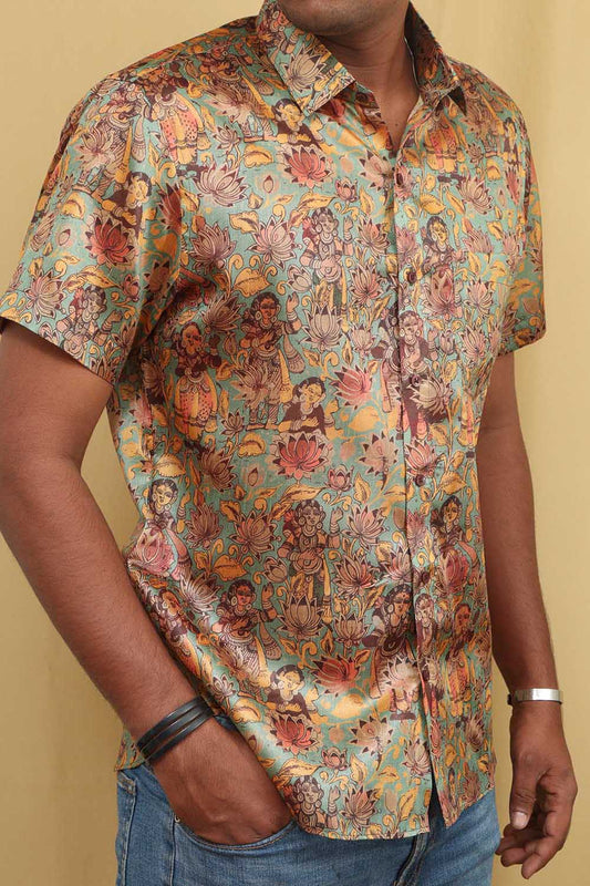 Vibrant Kalamkari Tussar Silk Shirt with Multicolor Digital Print