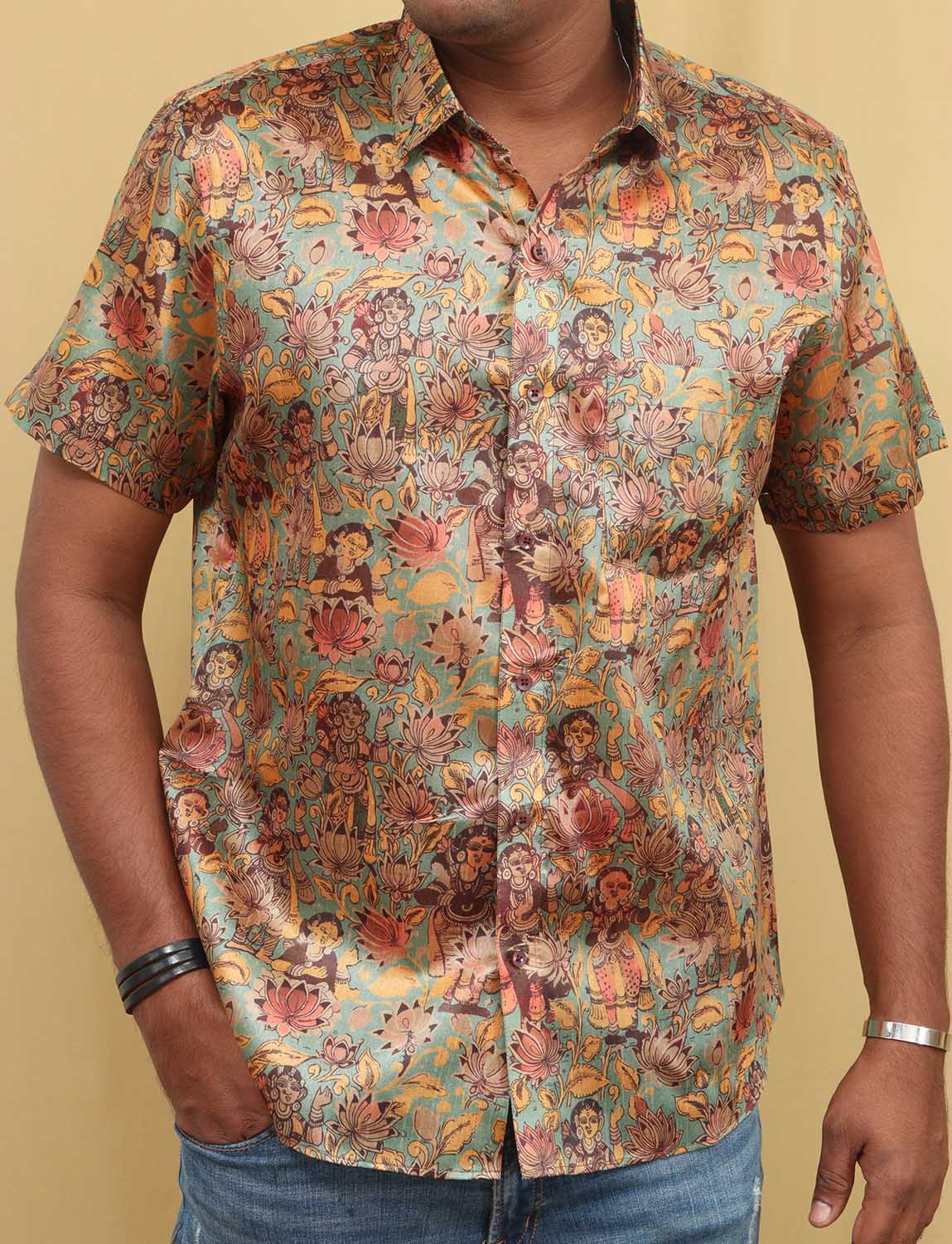 Vibrant Kalamkari Tussar Silk Shirt with Multicolor Digital Print - Luxurion World