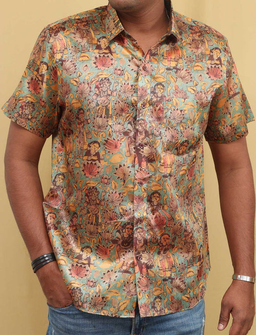 Vibrant Kalamkari Tussar Silk Shirt with Multicolor Digital Print - Luxurion World