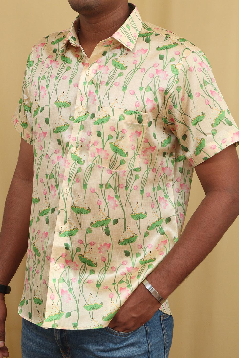 Pastel Digital Print Kalamkari Tussar Silk Pichwai Shirt with Full Sleev - Luxurion World
