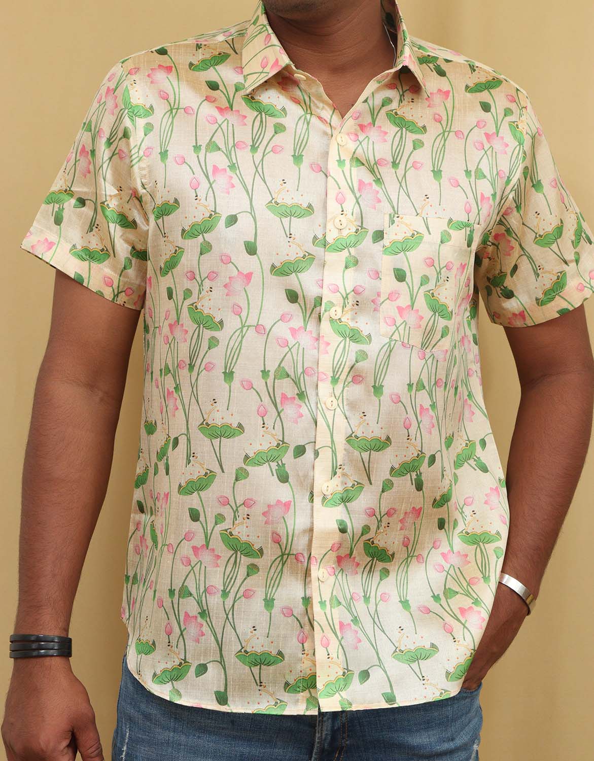 Pastel Digital Print Kalamkari Tussar Silk Pichwai Shirt with Full Sleev - Luxurion World