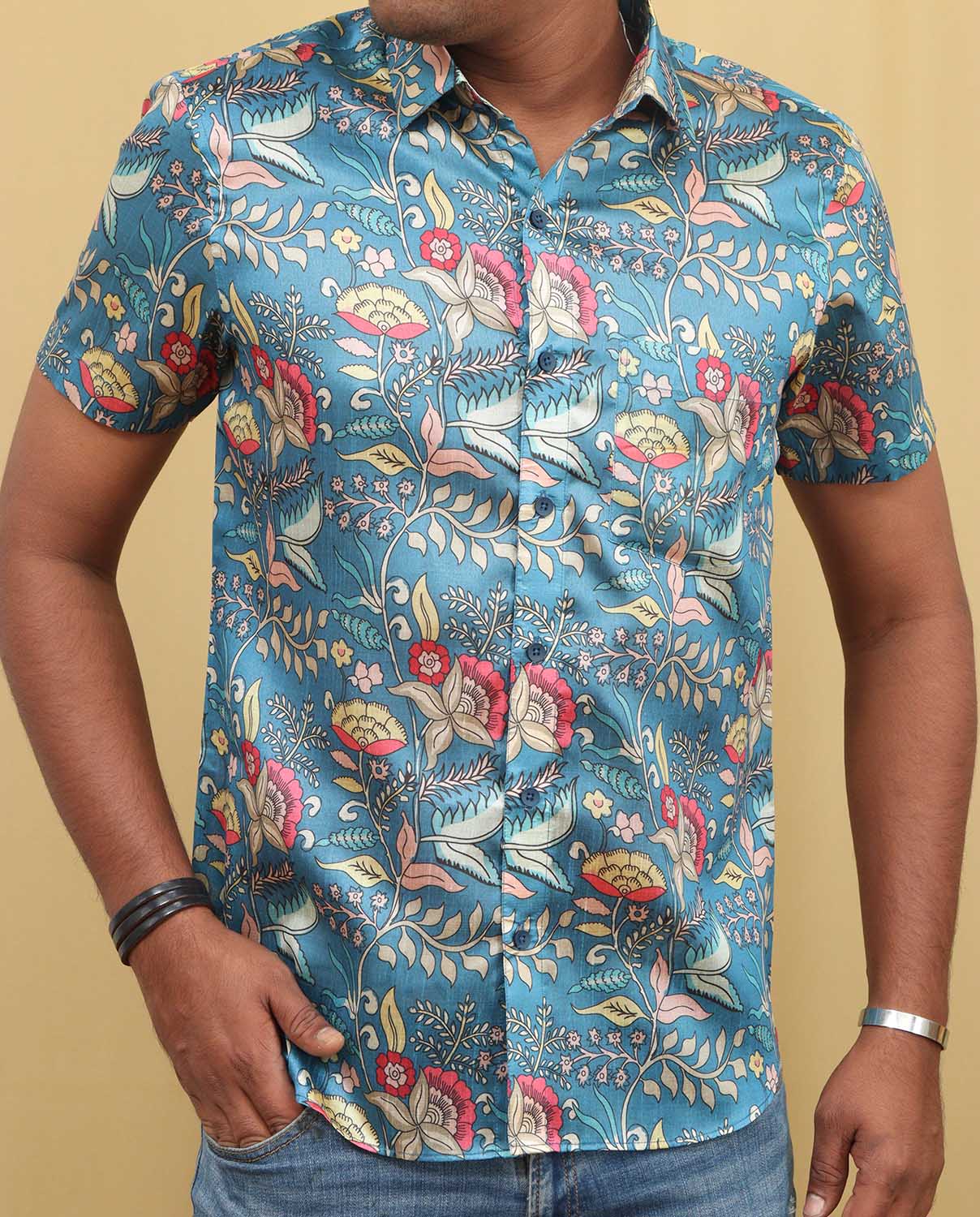 Stunning Blue Kalamkari Tussar Silk Shirt with Digital Print - Luxurion World