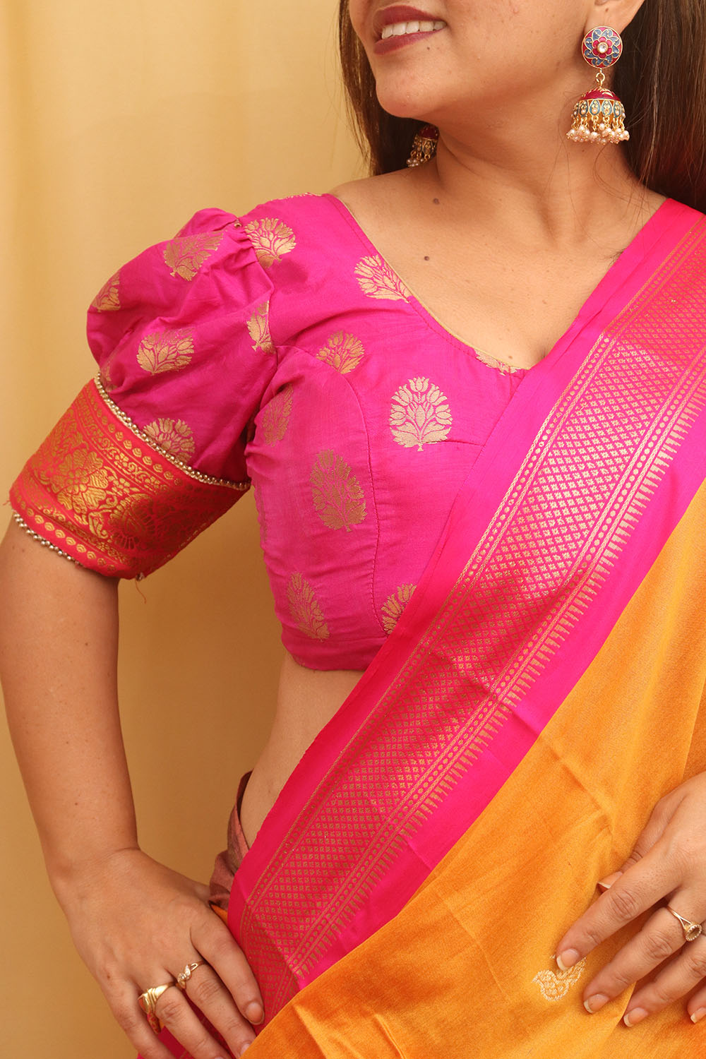 Fushia Pink Banarasi  U Neck blouse