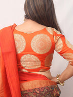 Orange Handloom Banarasi Silk Boat Neck Padded Blouse - Luxurion World