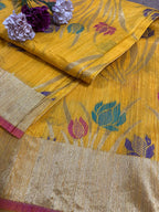 Yellow Handloom Banarasi Dupion Silk Lotus Design Meenakari Saree - Luxurion World