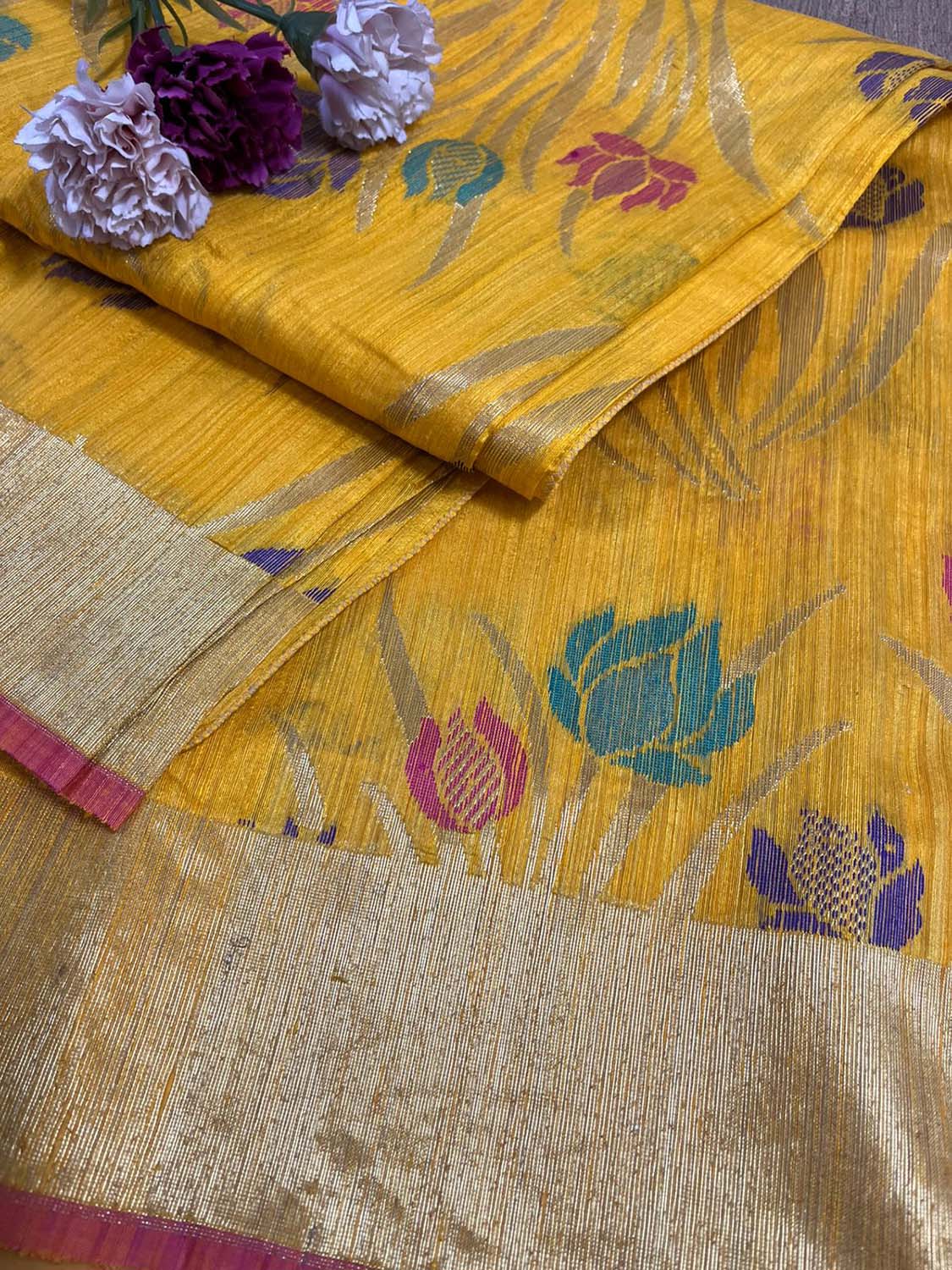 Yellow Handloom Banarasi Dupion Silk Lotus Design Meenakari Saree - Luxurion World