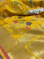 Yellow Handloom Banarasi Dupion Silk Lotus Design Meenakari Saree - Luxurion World
