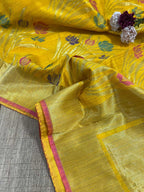 Yellow Handloom Banarasi Dupion Silk Lotus Design Meenakari Saree - Luxurion World