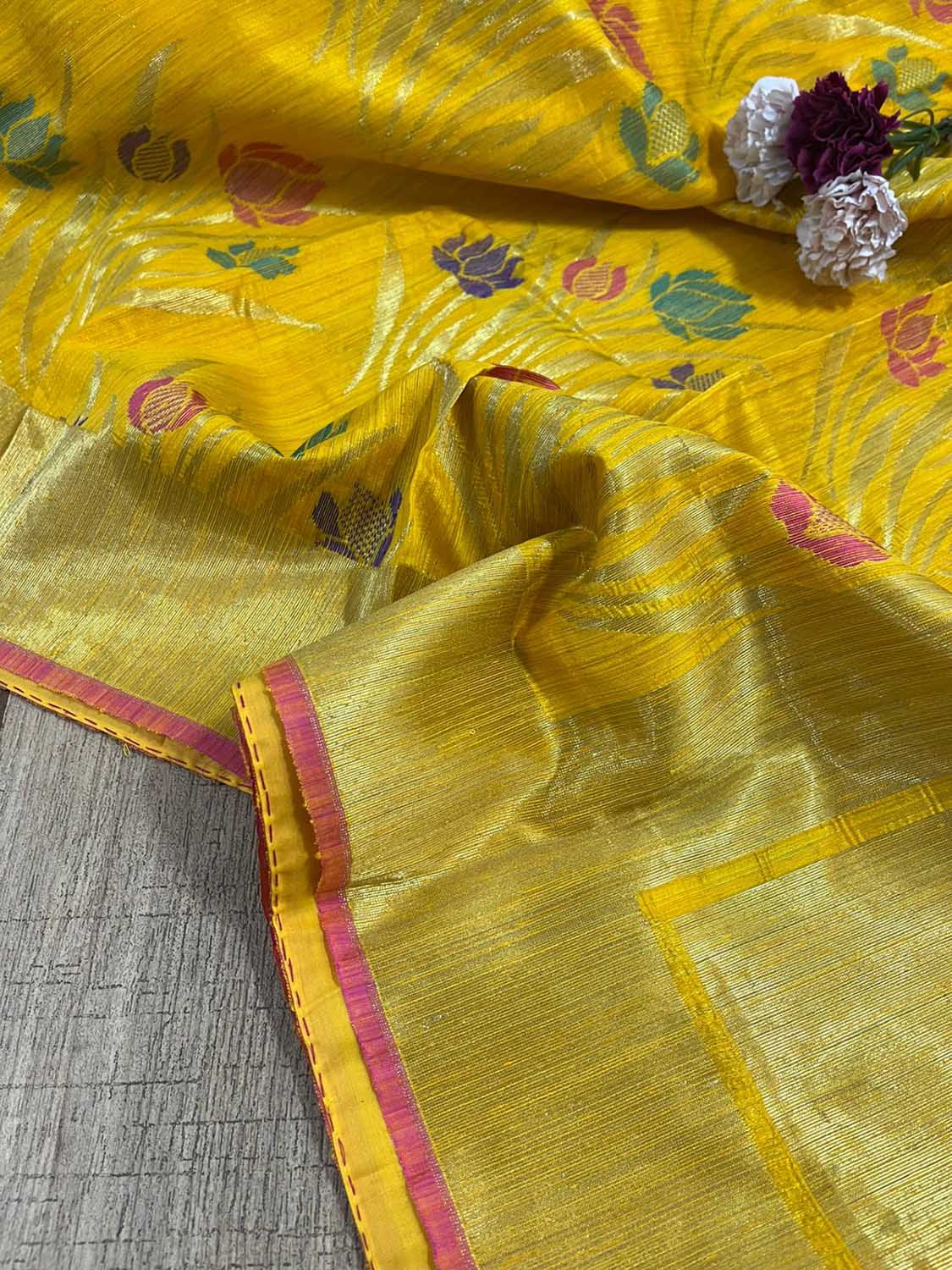 Yellow Handloom Banarasi Dupion Silk Lotus Design Meenakari Saree - Luxurion World