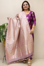 Stunning Purple Banarasi Silk Shikargah & Flower Design Dupatta - Luxurion World- Crafted Heirlooms