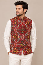 Maroon Digital Print Tussar Silk Nehru Jacket Patola Design Festive