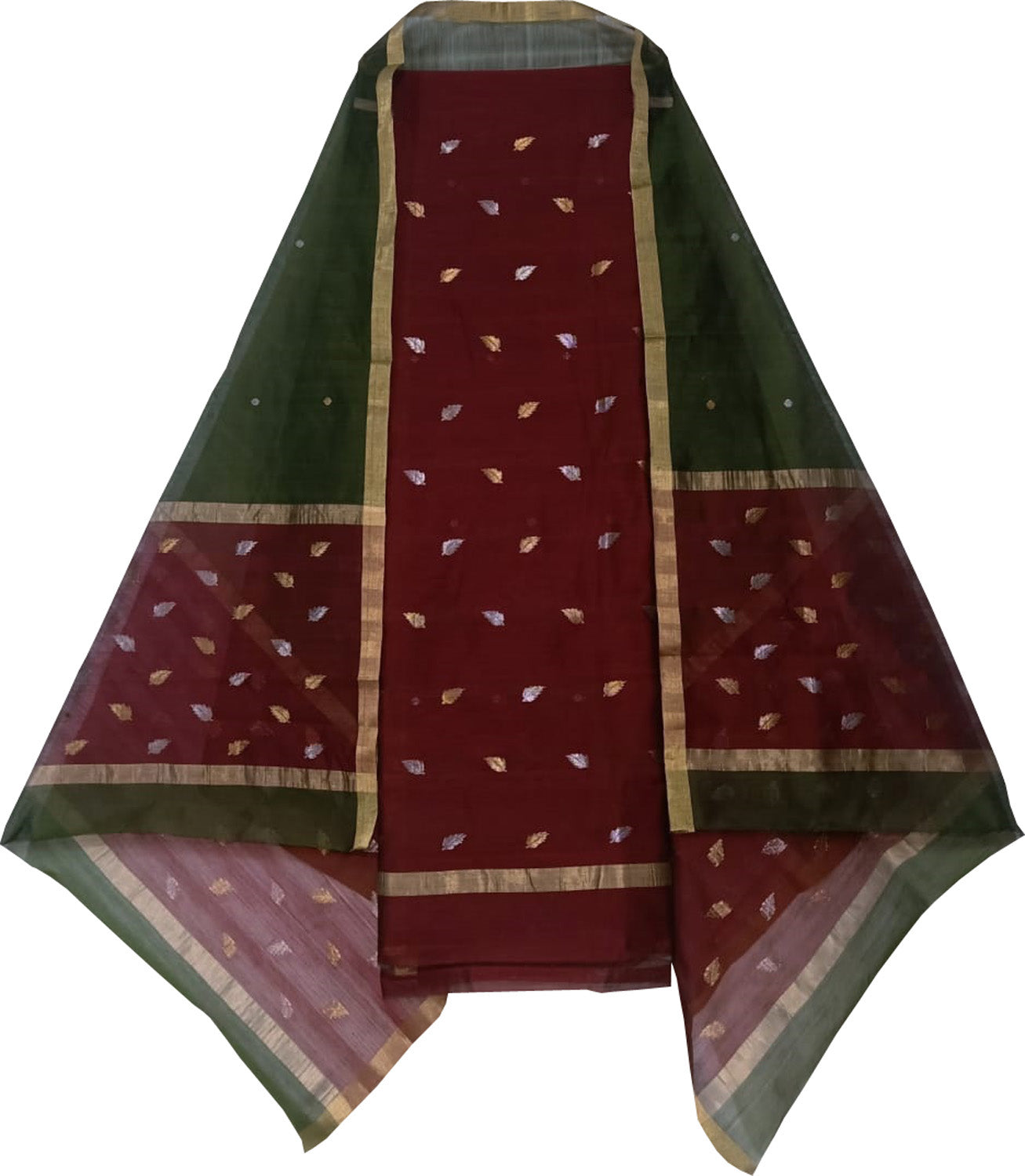 Maroon And Green Chanderi Handloom Cotton Silk Two Piece Unstitched Suit Set