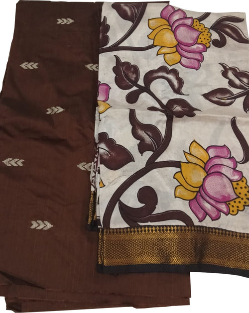 Maroon And Off White Kalamkari Hand Painted Raw Silk Suit With Chennur Silk Dupatta