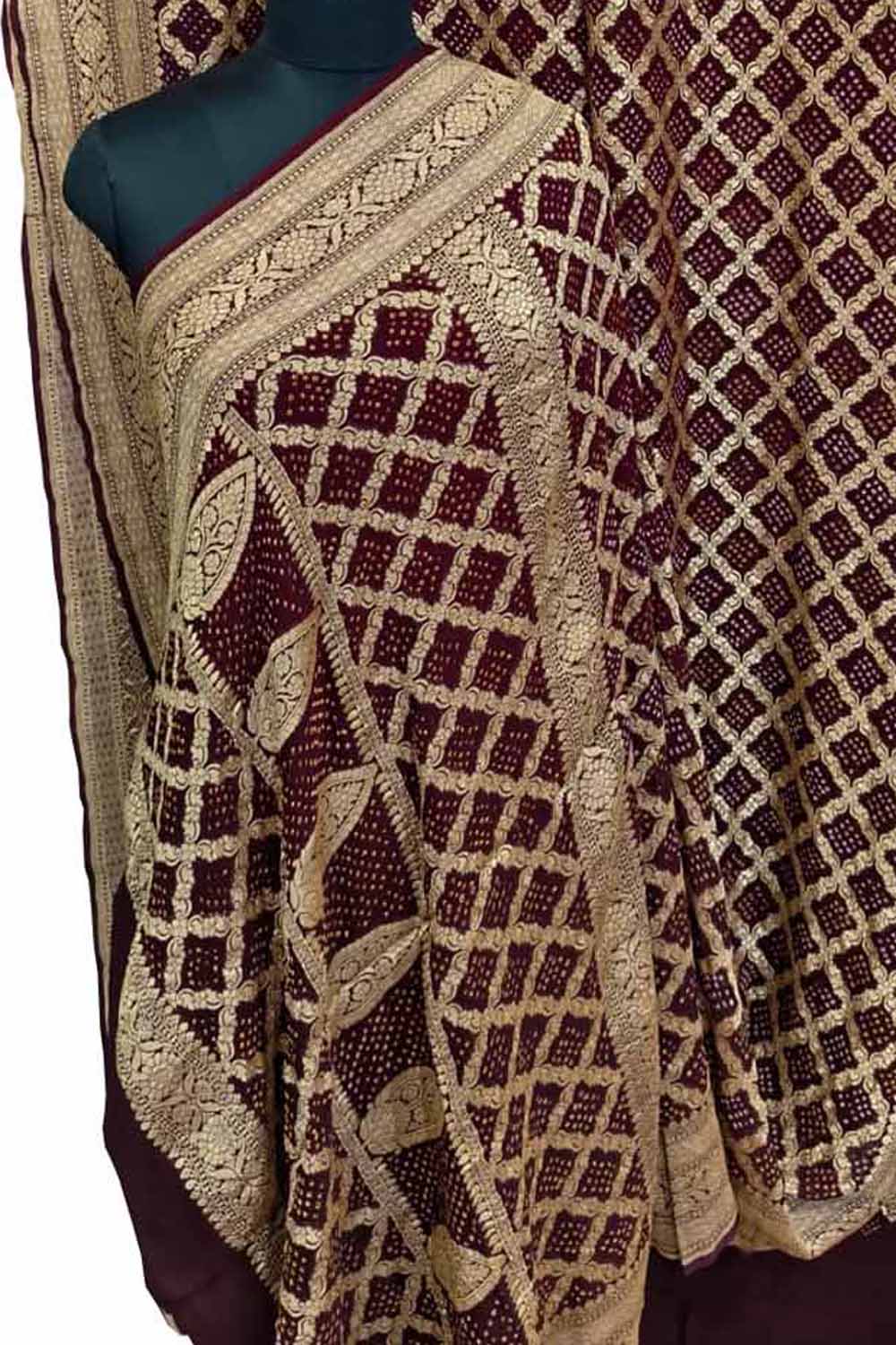 Maroon Banarasi Bandhani Georgette Neemzari Jangla Saree