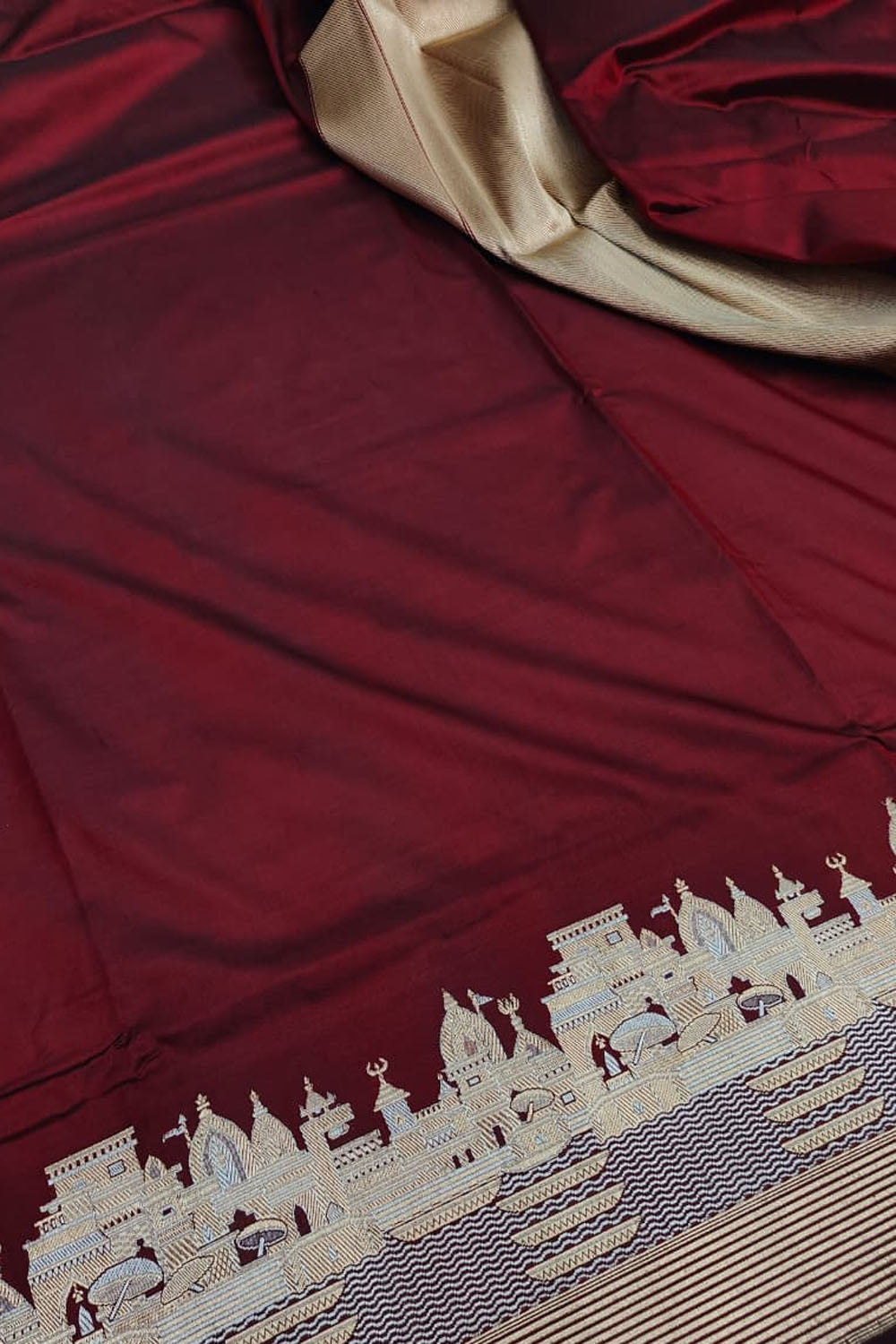 Maroon Banarasi Pure Katan Silk Ghat Design Saree